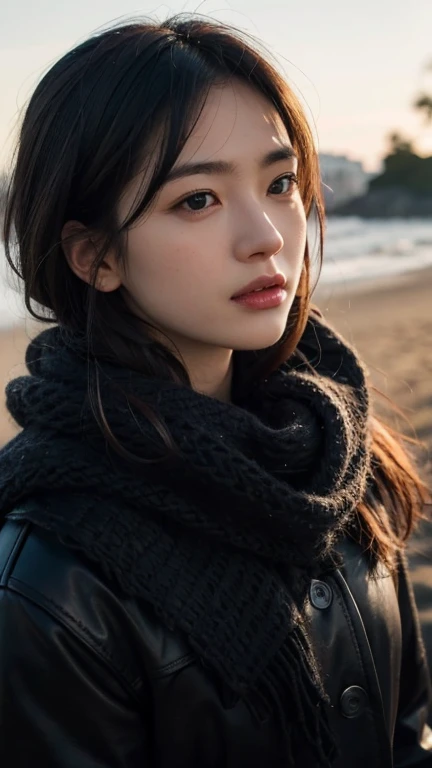 8K, highest quality, masterpiece, realistic, ultra detail, photo realistic, Improvement of quality, 
Photo of a girl standing at the seaside with a scarf, In a dark and brooding designer style, voluminous mass, photo bash, calm face, jagged edges, navy, be...