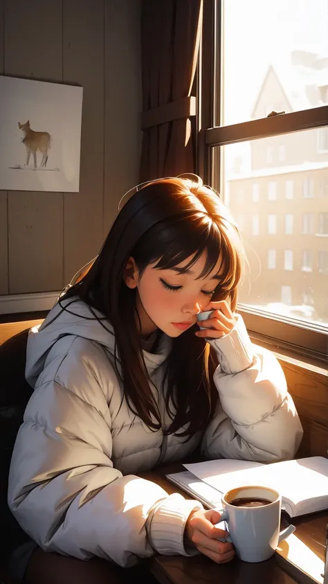 Snowy day.There is a woman drinking a cup of coffee, portrait of Lopi on the window, beautiful digital art, portrait of morning coffee, realistic illustration of a cute girl, near the window, beautiful digital illustration, morning coffee, girl on the wind...