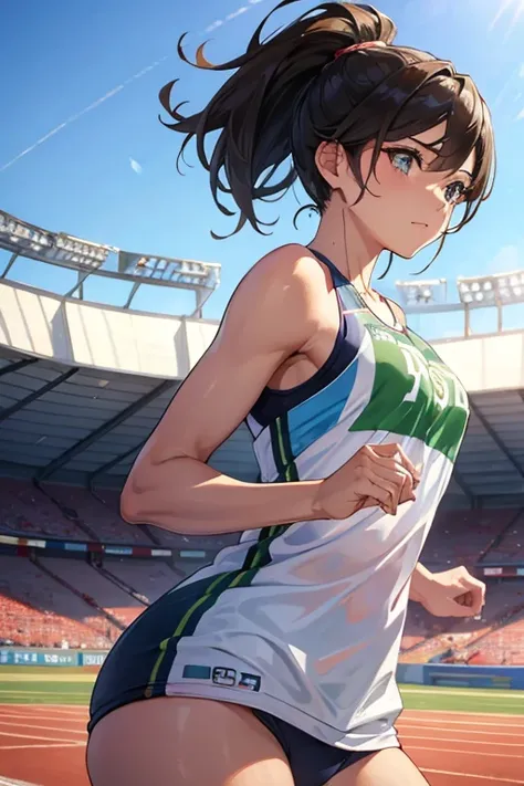 athletics stadium、track and field athlete、beautiful mature woman、athlete、show one&#39;s side、Upper body