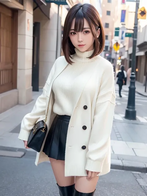 ((masterpiece)), ((best quality)), (Super detailed), realistic, real, 1 girl, alone, a japanese young beautiful girl , super cute face , charming figure , Big breasts , long bob hair , City, town, daytime, autumn, (Large white coat), (black high-neck sweat...