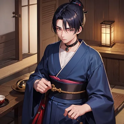 17 year old boy in the Edo period。underworld(A boy who provides sexual entertainment in the Edo period)。Her hairstyle is a dark blue bobbed hairstyle.。wearing women&#39;s kimono、The collar is slightly exposed。Strong, hanging eyes。