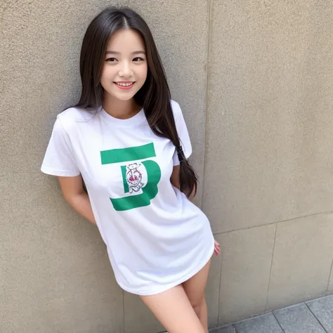 Beautiful girl with a smile、large white t-shirt、full body portrait　standing position