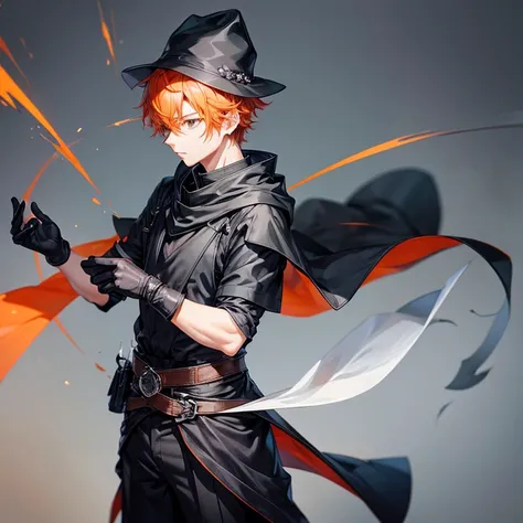 black work gloves、short hair、orange hair、short sleeve、Gray trousers、cloak、hat、cool、（male）