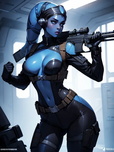 ((Masterpiece)), ((best quality)), ultra detailed,  ((blue skin)), (twilek), standing, holding plasma rifle, shooting, (wearing military jacket, bulletproof vest, black trousers, black pants, tight, boots, (busty), slender body, thin, slim sexy body, slim ...