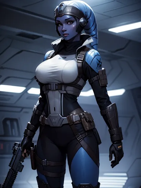 ((Masterpiece)), ((best quality)), ultra detailed,  ((blue skin)), (twilek), standing, holding plasma rifle, shooting, (wearing military jacket, bulletproof vest, black trousers, black pants, tight, boots, (busty), slender body, thin, slim sexy body, slim ...