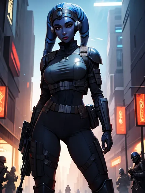 ((Masterpiece)), ((best quality)), ultra detailed,  ((blue skin)), (twilek), standing, holding plasma rifle, shooting, (wearing military jacket, bulletproof vest, black trousers, black pants, tight, boots, (busty), slender body, thin, slim sexy body, slim ...