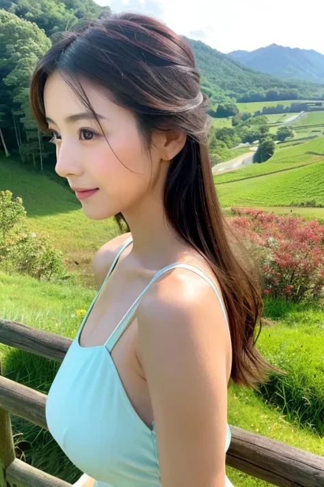 ((highest quality)), ((masterpiece)), (be familiar with), perfect face woman、Japanese、2４age、Landscape、（side boob）