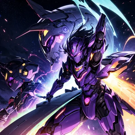 Humanoid、robot、mechanical、Iron feather、（He has a magnum on his right arm.）、glowing eyes、Purple Overall、（（（Metharon）））