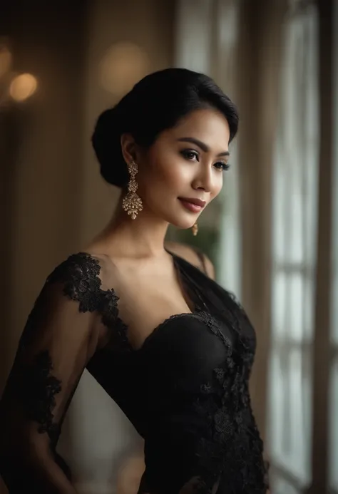 Very beautiful woman from Indonesia, flowers tucked in her ears, wearing a open black kebaya Indonesian version without a bra, breasts clearly visible, wearing a long split cloth, thighs clearly visible, professional model pose, perfectly proportional body...