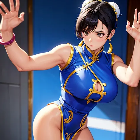 solo, chun li, dressing vestido tradicional, pulseiras com rebites, posing standing, cabelo comprido, olhar penetrante, hands free, thin chest, seios grandes empinados, cintura fina, bunda redonda, coxas grossas.