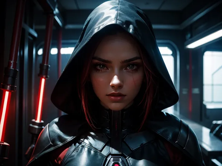 (best quality), (perfect body), (perfect face), (1girl), (close-up ), (night sister), a sexy Sith Lord with a blood red lightsaber holding it by her face, standing in the halls of a futuristic temple, HDR, 4K, 3D.