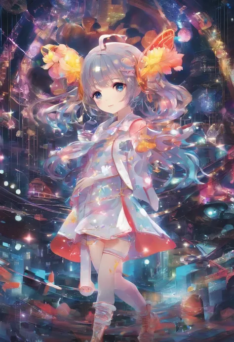 little loli，stars are personified，Transparent Machine，cyber punk, dream-like shine, Glowing neon lights, ( global illumination, ray tracing, HDR, unreal rendering,reasonable design, Advanced level of detail, masterpiece, highest quality, hyper hd, cinemati...