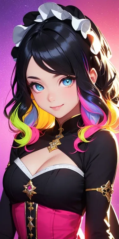 (black hair,colorful fluorescence multicolored  hair:1.5,wavy hair:1.5), (masterpiece, sidelights, exquisite beautiful eyes: 1.5), masterpiece*portrait, realistic, ((Colorful background of different colors:1.5)),(Gentle face:1.5),colorful,3D face,(cute fac...