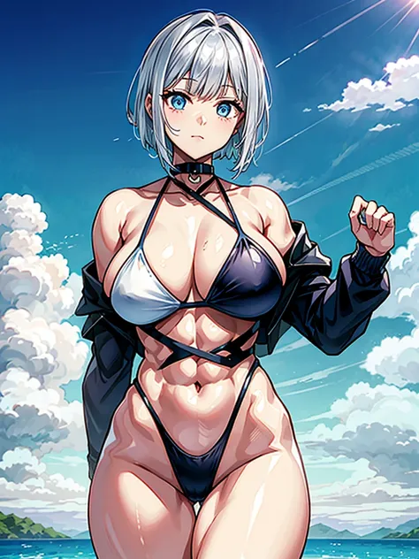 （（（masterpiece、Highest image quality、highest quality、highly detailed unity 8ｋwallpaper）））、（（Illustration of one girl））、（（（beautiful girl）））、（（white hair、short hair、crew cut：1.2、light blue eyes））、（（（stocky build, thickset physique, muscular legs, broad shou...