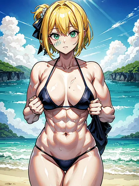 （（（masterpiece、Highest image quality、highest quality、highly detailed unity 8ｋwallpaper）））、（（Illustration of one girl））、（（（beautiful girl）））、（（blonde、pixie cut：1.2、two side up、sidelocks、green eyes））、（（（tall、stocky build, thickset physique：1.3, muscular legs...