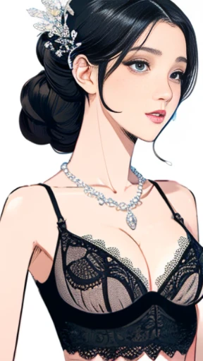 color illustration, queen of Moon, pure female, wearing black lace brassiere, long loincloth, pearl tiara, pearl necklace. looking at viewer compassionately, symmetric face, symmetric eyes, chignon black hair, pale skin, small bust, narrow waist, thin abs,...