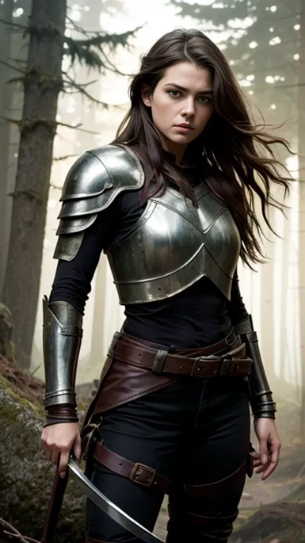 a realistic photographic of a lady, wearing worn out armor after a battle, flowy hair,leather belt, standing on a big rock, hold...