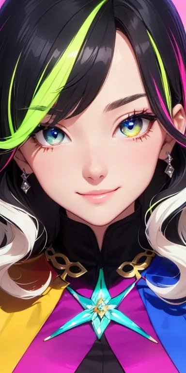 (black hair,colorful fluorescence multicolored  hair:1.5,wavy hair:1.5), (masterpiece, sidelights, exquisite beautiful eyes: 1.5), masterpiece*portrait, realistic, ((Colorful background of different colors:1.5)),(Gentle face:1.5),colorful,3D face,(cute fac...