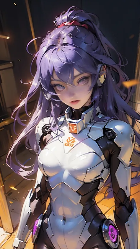 1 girl, masterpiece, highest quality, (nude:0.5), Mecha, Mechaウィング, purple eyes, particles of light, panty peek, (purple:1.3), highest quality, Super detailed, realistic