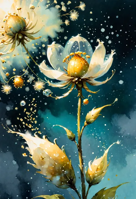 watercolor painting, by Brian Kesinger, Close up of delicate magical pollen in the cold icy wind, as magical pollen emits arcane electrical light, each pollen detailed and rendered with a masterful gouache technique, (best quality, masterpiece)