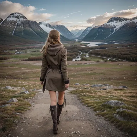 Фото raw sony a7iii 85mm, 1.2. 4000×6000. A photo of a tall girl from the back on a photo of the mountains of Norway, a girl in a short sheepskin coat from the 2022 collection and a warm gray scarf, tall, Athletic figure.  Short dark brown boots and long g...