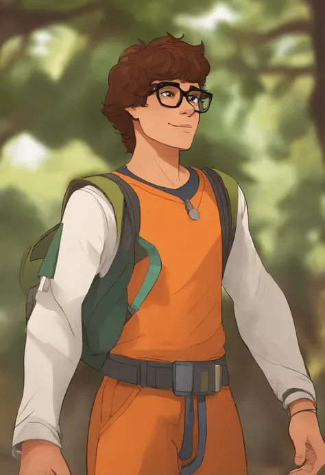 Um personagem de desenho, jovem e de 15 anos, com um jaleco de cientista e por baixo uma camiseta laranja, wears glasses and has brown hair, wears an omnitrix on his left arm