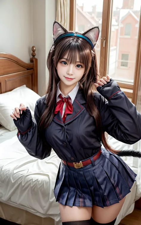 (masterpiece, best quality), 1 beautiful girl, cat ears, smile, slim body, (school uniform:1.1), (detailed beautiful eyes), paw gloves, bedroom, indoors,