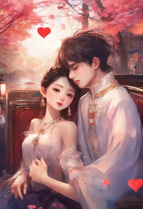 ((top quality、8 thousand、masterpiece:1.3、RAW photos))、sharp focus:1.2、Couple sitting on bus together in winter city, making: Lü Ji, WLOP painting style, The Art of Flops, Writer: wlop, by tandy, Winter City Fantasy Romance Book Cover, Flop Art, Seongwen Ah...