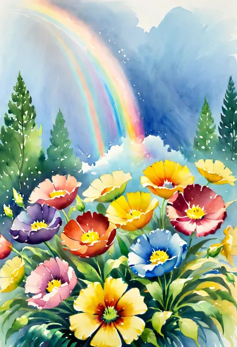 watercolor painting, by Don Bluth, flowers with rainbow, florist, (best quality, masterpiece, 8k)