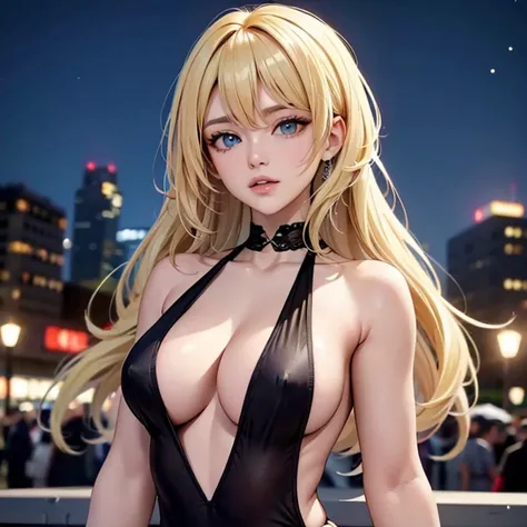 ((highest quality, 8K, masterpiece: 1.3)), whole body, sharp focus: 1.2, outstanding beauty: 1.4, thin abs: 1.2, (((blonde, big: 1.2)), tank top dress: 1.1, (City of night, street: 1.1), Highly detailed face and skin texture, fine eyes, double eyelid,Hand ...