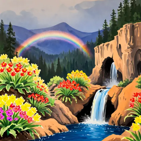 watercolor painting, by tex avery, flowers with rainbow, under waterfall, (best quality, masterpiece, 8k)