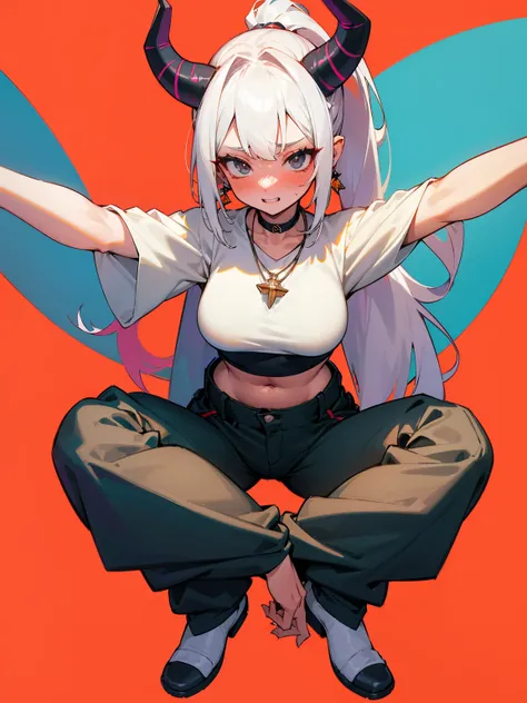 long straight dark White hair, Perfect face, Horns, Choker, earrings, Tall, ((Pubic Hair)), Pale Skin, 1 Girl, High Quality, Necklace, ((Large Monster Tail)), Medium Tits, ((Blushing)), Masterpiece, Mature, Bangs, Ponytail, Vibrant Colors, ((Cargo pants)),...