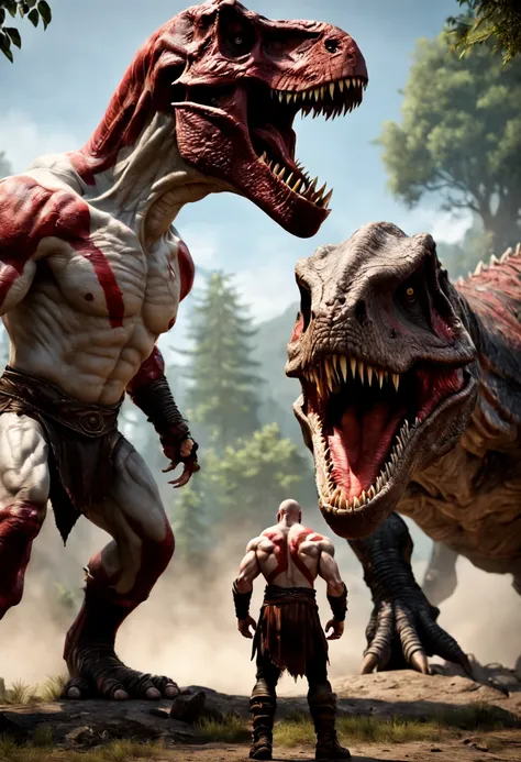 A hyperrealistic Kratos, Standing in front of a giant muscular Tyrannosaurus rex Theriantrophy ready to fight it. (BACK ANGLE), ray tracing, Bokeh