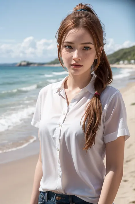 (8K, RAW photo, highest quality),(spectacular realistic:1.5), girl, dynamic posture,erotic face,white shirt,(be familiar with eyes:0.8),(look at the camera:1.4), (highest quality), (best shadow),intricate details,cinematic,((skin:1.4)),interior, (long pony...