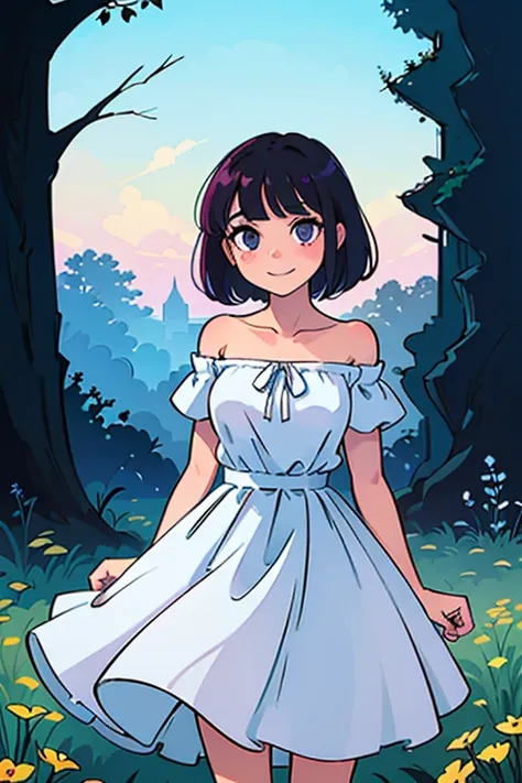 best quality, masterpiece, 1 girl, teenager, light smile, looking at viewer, black hair, short hair, bob hair, purple eyes, bare shoulders, strapless, white ruffle off-the-shoulder lace, white shirt top, all black maxi skirt, garden background, cowboy shot...