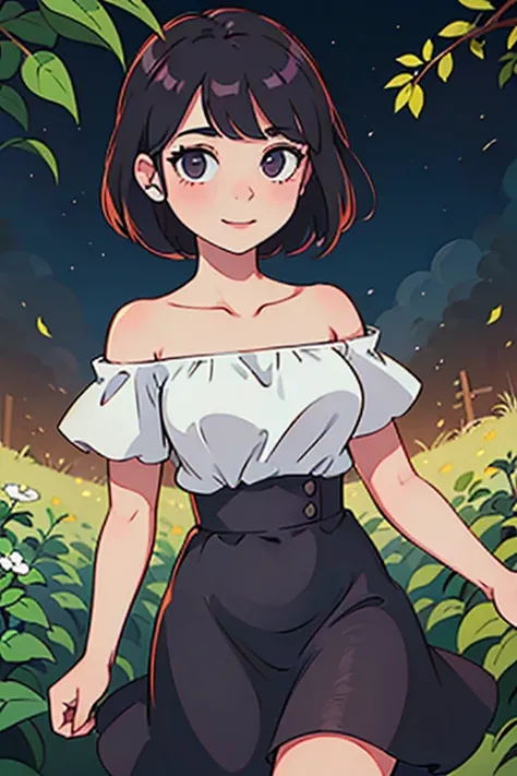 best quality, masterpiece, 1 girl, teenager, light smile, looking at viewer, black hair, short hair, bob hair, purple eyes, bare shoulders, strapless, white ruffle off-the-shoulder lace, white shirt top, all black maxi skirt, garden background, cowboy shot...