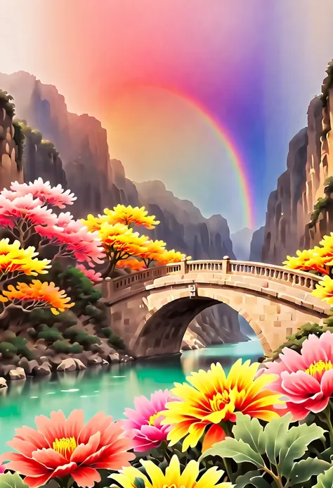 (close_up of flowers with rainbow color:1.4), chineses style, fantasy art, dreamy, Ethereal, watercolor painting, bridge, (best quality, masterpiece, 8k)