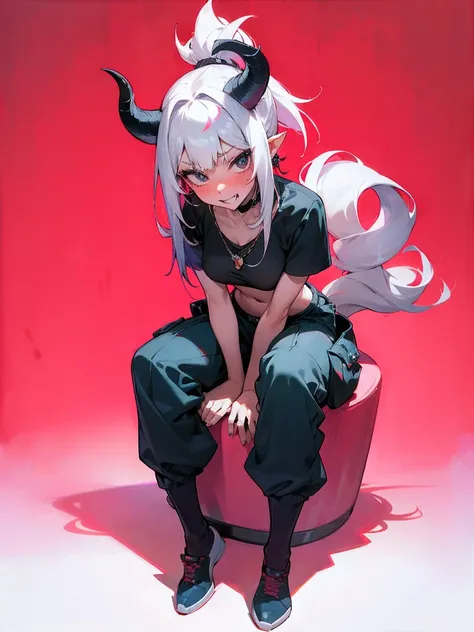 long straight dark White hair, Perfect face, Horns, Choker, earrings, Tall, ((Pubic Hair)), Pale Skin, 1 Girl, High Quality, Necklace, ((Large Monster Tail)), Medium Tits, ((Blushing)), Masterpiece, Mature, Bangs, Ponytail, Vibrant Colors, ((Cargo pants)),...