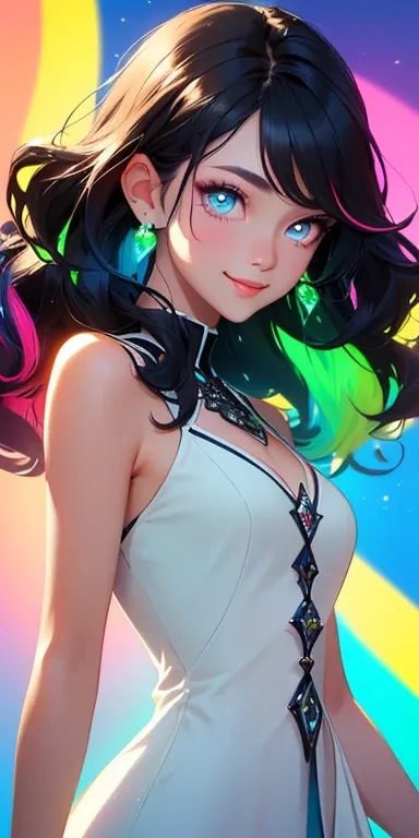 (black hair,colorful fluorescence multicolored  hair:1.5,wavy hair:1.5), (masterpiece, sidelights, exquisite beautiful eyes: 1.5), masterpiece*portrait, realistic, ((Colorful background of different colors:1.5)),(Gentle face:1.5),colorful,3D face,(cute fac...