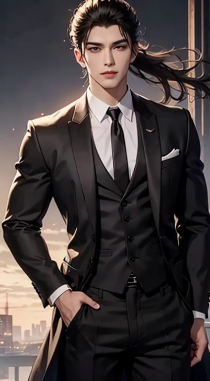 ((high quality)), ((masterpiece)), 8k, a man，26 years old，Handsome，A profound and fascinating face，Perfect body，golden ratio，Wearing black suit shirt，The neckline is open，Black trousers，wear a watch，Leaning on the front of the sports car，，Handsome，Wolf tai...