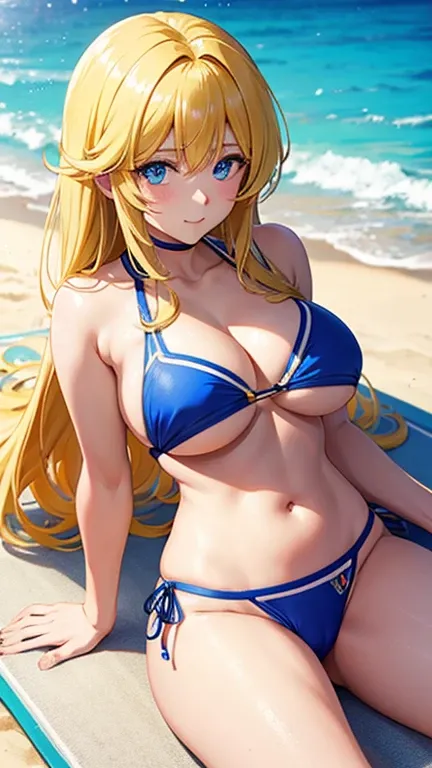 anime (Masou Gakuen HxH), teen lady , sexy (very big boobs), actress (Yurishia Farandole) , blue eyes , blonde / yellow  long hair to hip / past hip length ,
Bikini, She is sitting on the beach, sunbathing in the sea. 