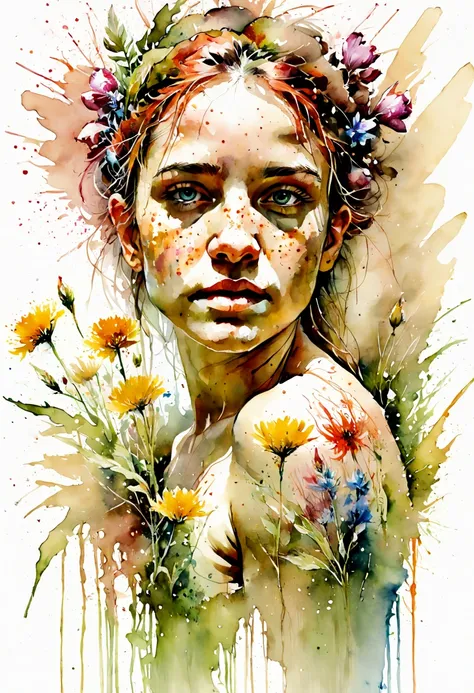 watercolor painting, flowers, outdoors, by carne griffiths, best quality, masterpiece, 8k