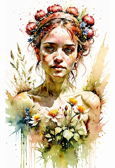 watercolor painting, flowers, outdoors, by carne griffiths, best quality, masterpiece, 8k