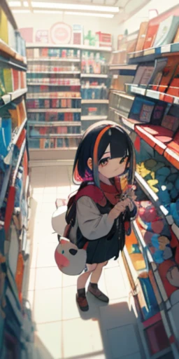 (masterpiece, best quality), (rich and colorful:1.4), from above, alone, 1 girl standing in a store，There are a lot of stuffed animals and bags of stuff on the shelves, depth of field, Fisheye lens