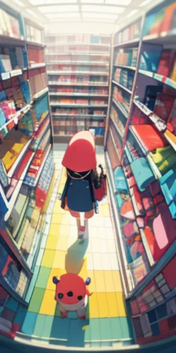 (masterpiece, best quality), (rich and colorful:1.4), from above, alone, 1 girl standing in a store，There are a lot of stuffed animals and bags of stuff on the shelves, depth of field, Fisheye lens