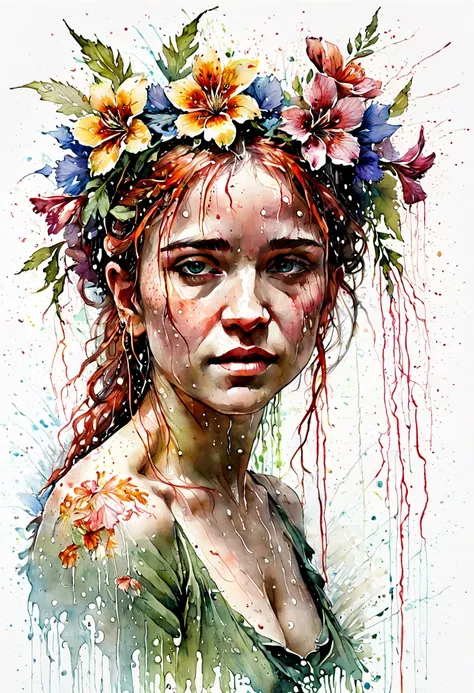 watercolor painting, flowers, rain, by carne griffiths, best quality, masterpiece, 8k