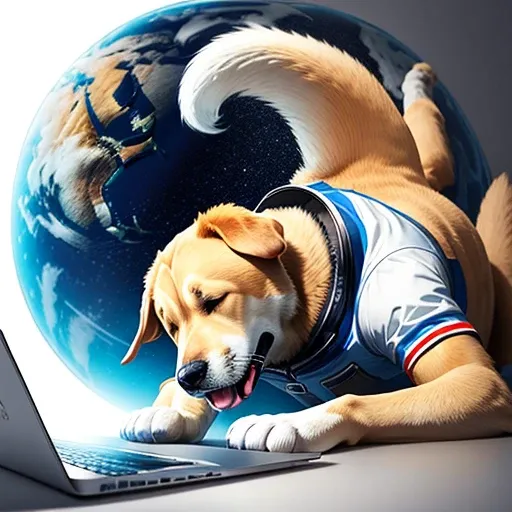 Full body happy golden labrador dog wearing blue space suit，Typing on laptop，looking at camera, White background.