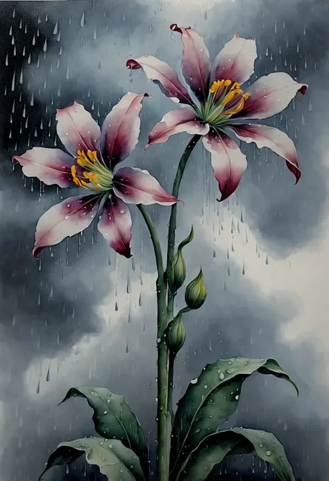 watercolor painting, advanced flowers, mysterious, rain, by georgia o'keeffe, best quality, masterpiece, 8k