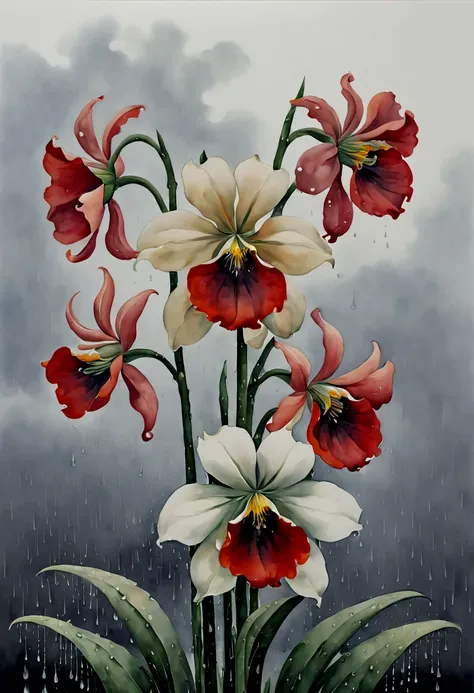 watercolor painting, advanced flowers, mysterious, rain, by georgia o'keeffe, best quality, masterpiece, 8k