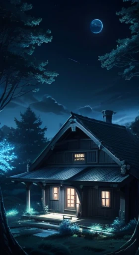 anime scenery of a house in the middle of a forest, Digital art inspired by Andreas Rocha, pixiv, fantasy art, anime background art, Night village background, anime background, anime rural scenery, anime scenery壁纸, anime scenery, beautiful anime scenery, n...